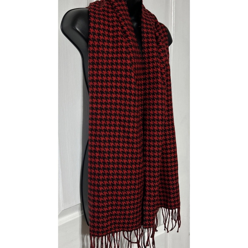 Red Black Houndstooth Check Plaid 64" Winter Wrap Scarf Viscose Cashmere Blend - Picture 4 of 6